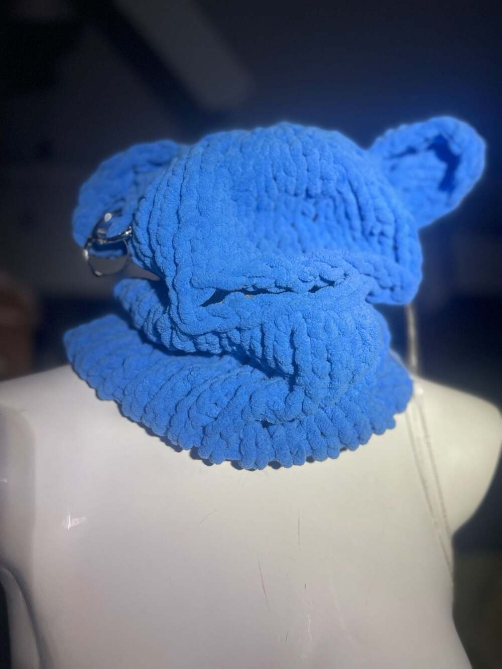 Blue Teddy Bear Balaclava Crochet Plush Ski Mask Y2K Rave - Picture 4 of 4